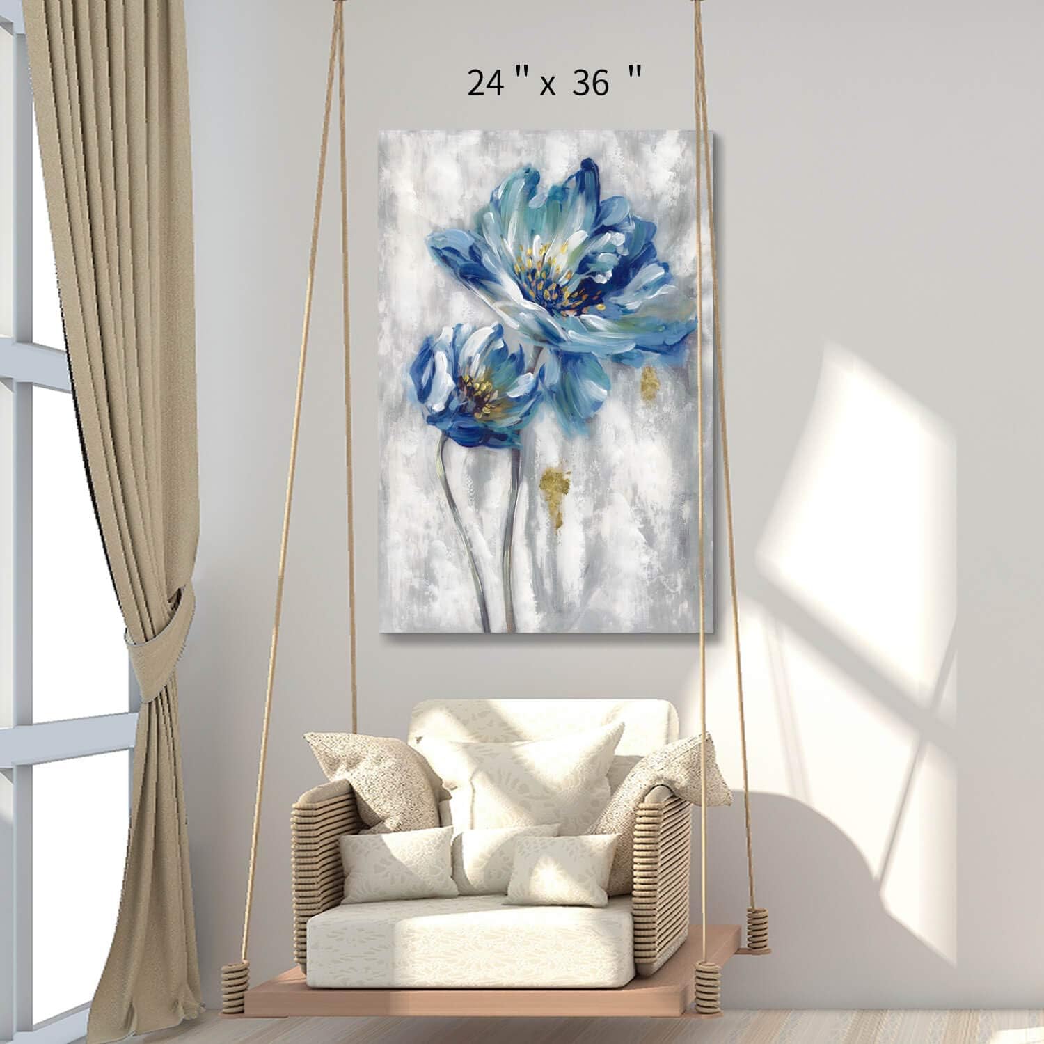 🔥 Blue Floral Canvas Wall Art: Abstract Flower Picture Artwork Hand Painted Painting for Wall (36'' x 24'' x 1 Panel)