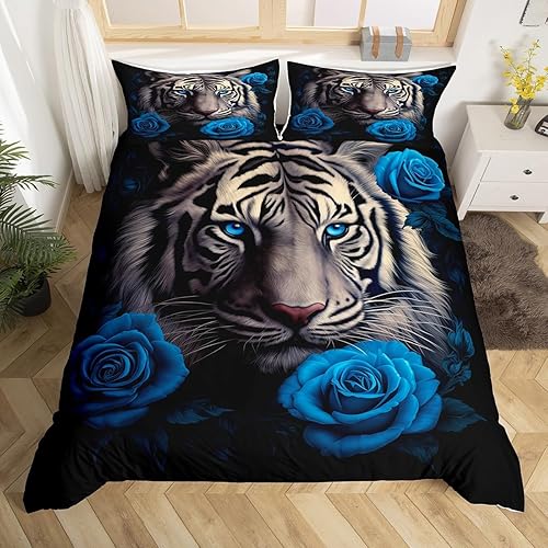 Miniatura 3 de Feelyou Juego de funda de edredón de tigre 3D para niños, juego de ropa de cama con estampado de tigre rosa azul, tamaño individual para