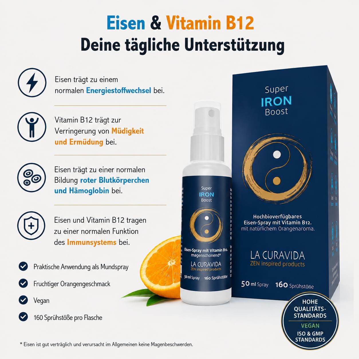 Super Iron Boost - Premium Eisen Mundspray mit Vitamin B12 & Folsäure - Hohe Aufnahme über die Schleimhaut - Orangenaroma - Vegan - 50ml (ca 160 Sprühstösse)