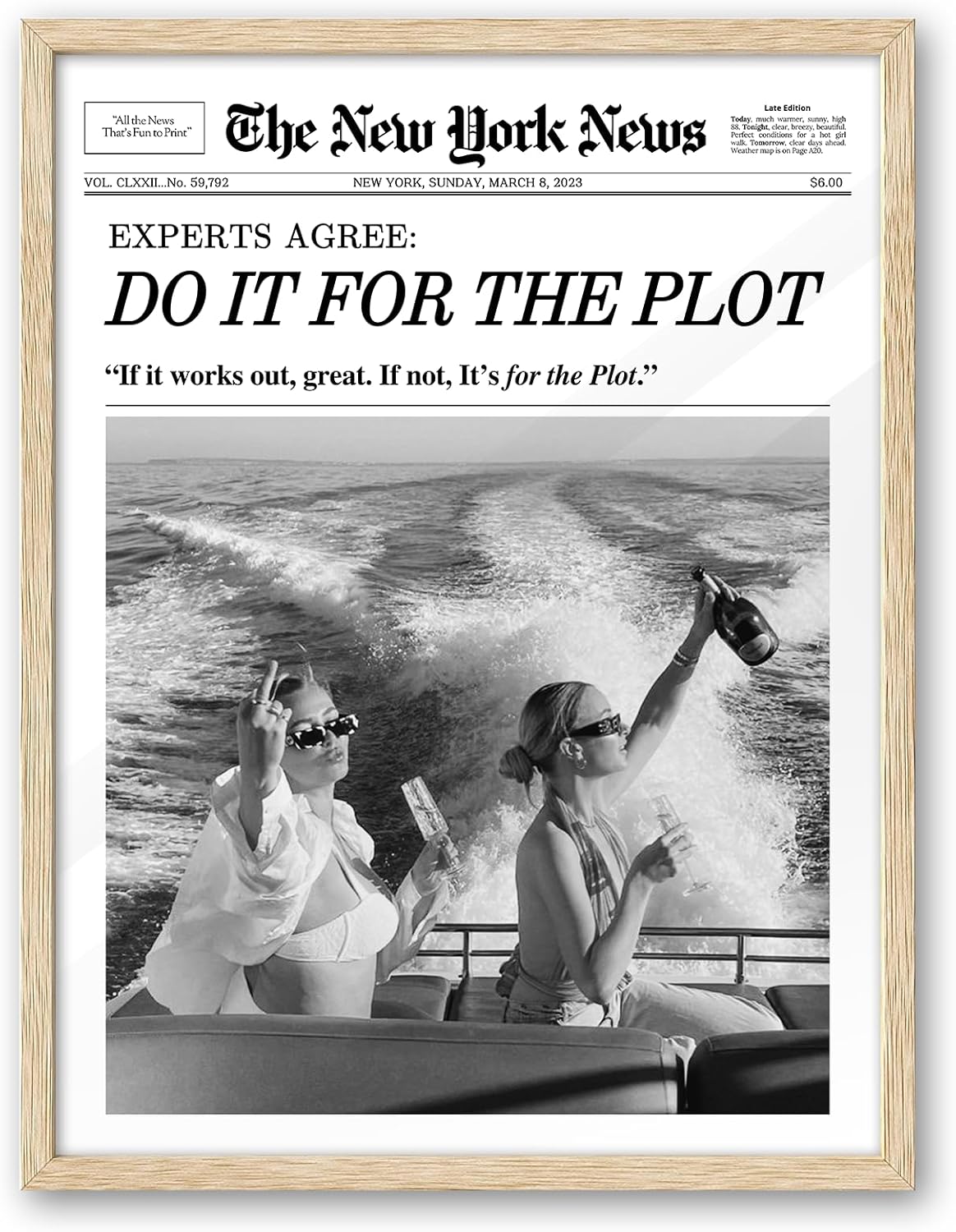 iHery Natural OAK Wood Hot Girls Newspaper Trendy Framed Wall Art, Large 16x20 in Vintage Beige Canvas Wall Art, Do it for The Plot, Apartment Funny Girly Dorm Living Room Bedroom Decor Set of 1 Oak Wood Framed Do It 20"L x 16"W