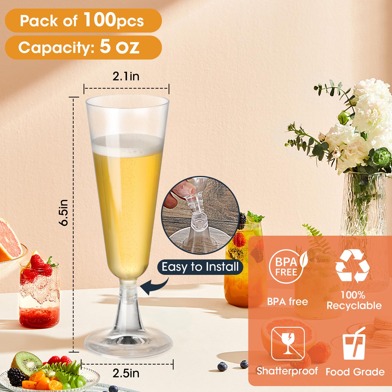 SUREHOME Copas de champán de plástico desechables, paquete de 100 copas de champán de plástico transparente de 5.5 onzas, copas de champán para brindis y mimosa a granel para bodas, fiestas,