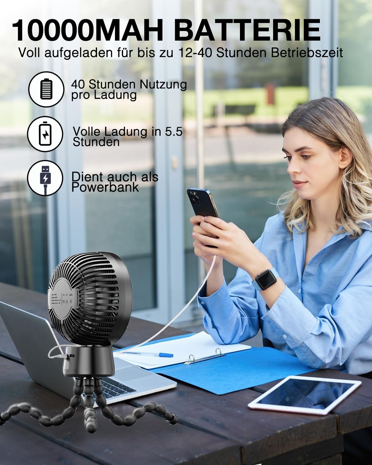 90° Oscillante Ventilatori per Passeggini, 3 Livelli 10000mAh di 40 ore | Batteria Ventilatore USB da Scrivania Funzionamento, Silenzioso con luce LED, Mini Ventilatore Portatile Campeggio