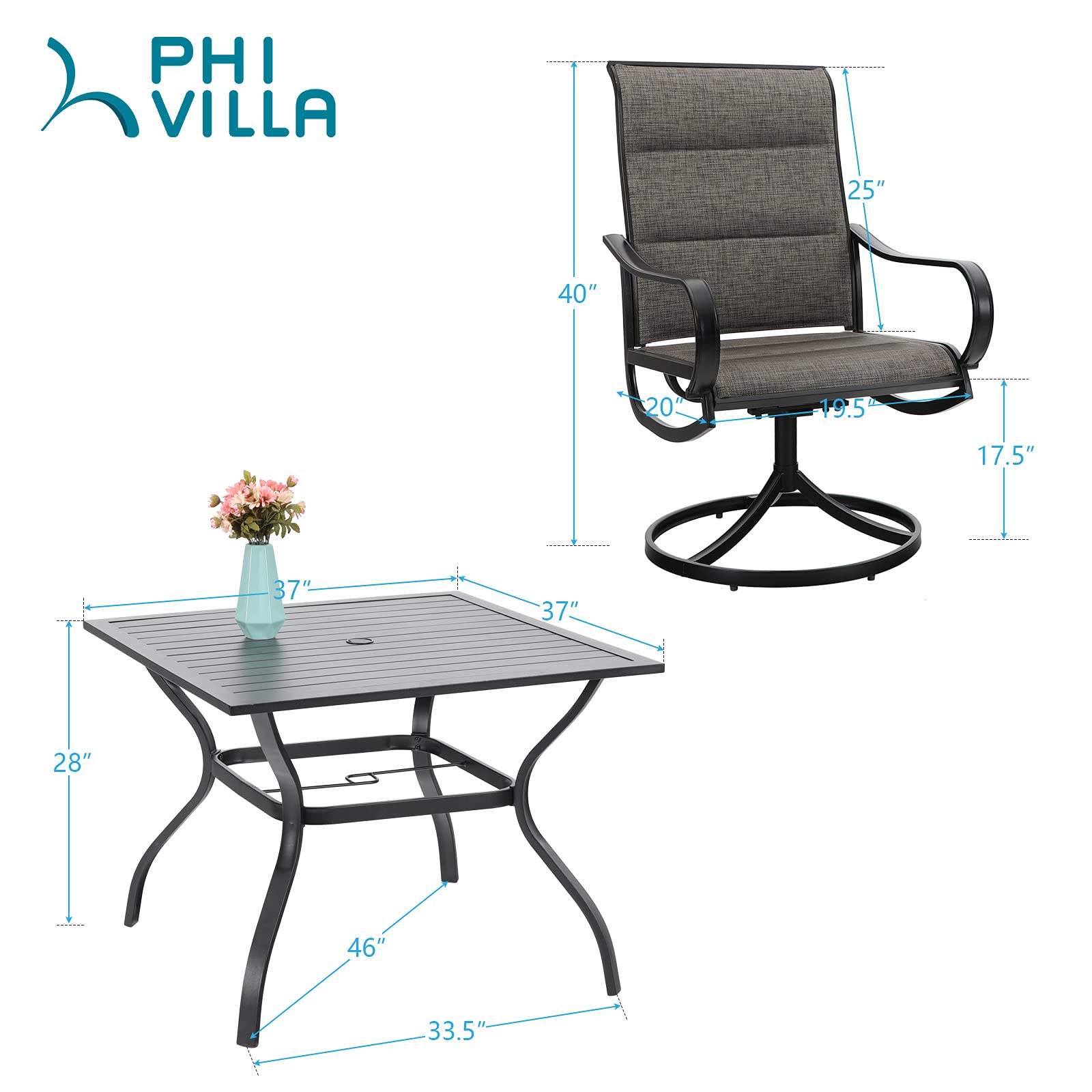 Buy PHI VILLA 5 PCS Patio Dining Set with 4 Padded Outdoor Swivel Dining Chairs and 1 37"x 37