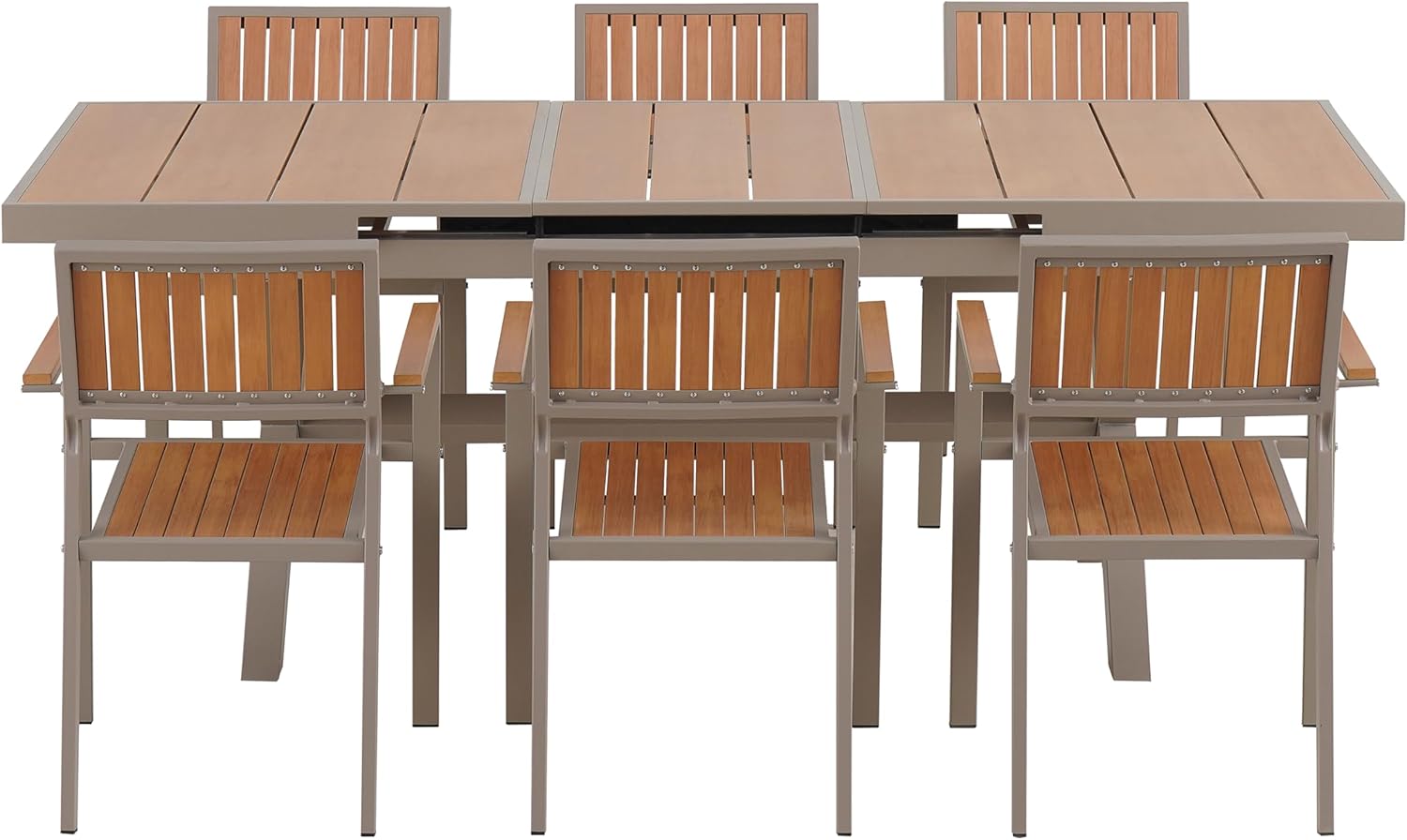 Outdoor Dining Set with Extendable Table and 6 Chairs, Flexible Seating Arrangement, Durable Plastic Wood and Iron Construction for Patio, Garden, or Poolside