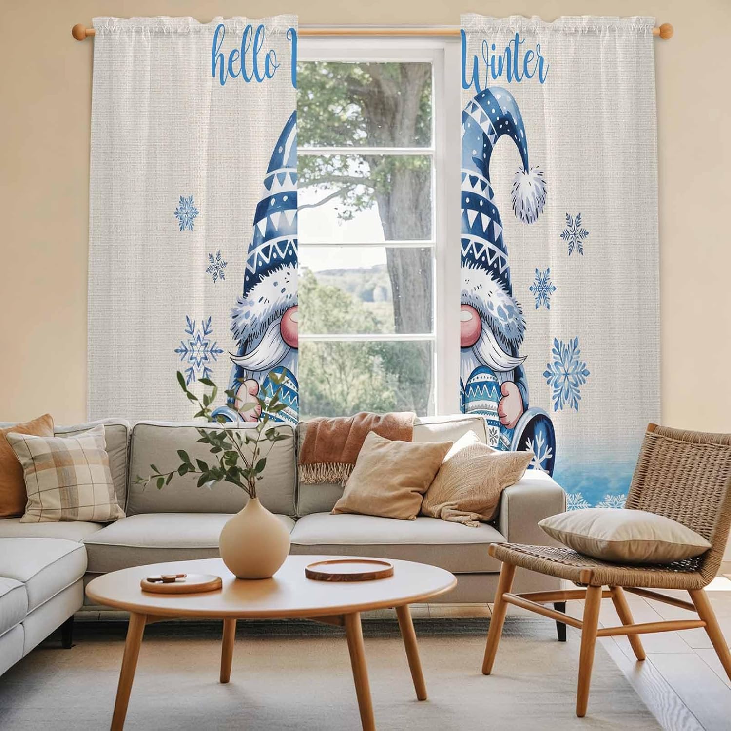 Blue Gnomes Christmas Window Curtains 72 Inch Long 2 Panel Set, Rod Pocket Long Curtains & Drapes, Xmas Snowflake Hello Winter Light Filtering Window Treatment for Bedroom Living Room 52"W x 72"L