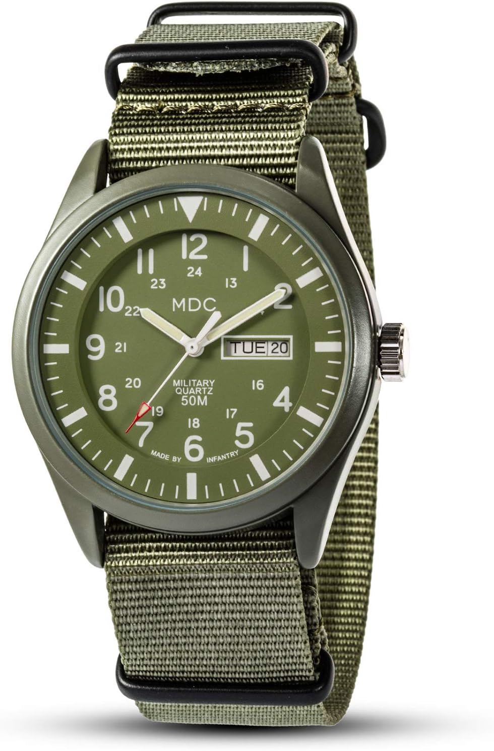 Infantry Mens Military Watch, Vietnam Style Field Watches for Men, Tactical 12/24H Military Time Analog Watch, Waterproof Day Date Quartz Wristwatch w/Green Nylon Band, Work Watch for Man