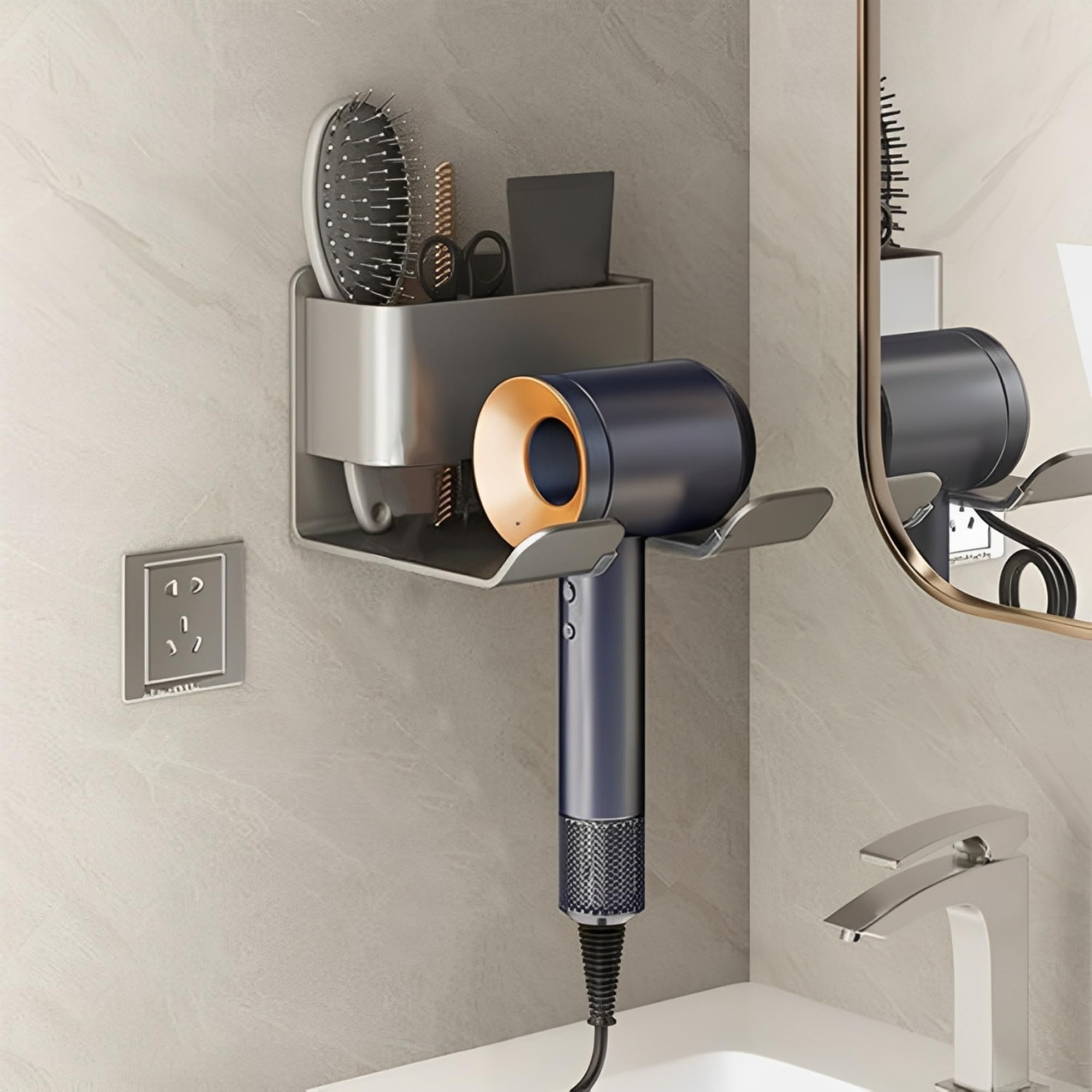 Porta Phone Bagno da Muro, Porta Asciugacapelli in Alluminio, Organizzatore di Strumenti e Accessori per Lo Styling con Gestione dei Cavi, Adatto per Bagno e Salone
