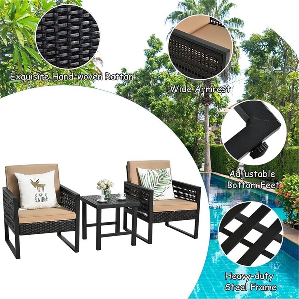 Pemberly Row 3-Piece Rattan Patio Bistro Set, Mix Brown Finish, Steel Frame, Cushioned Single Sofa Chairs and Coffee Table, Compact and Durable Furniture for Patio, Balcony, or Garden Spaces
