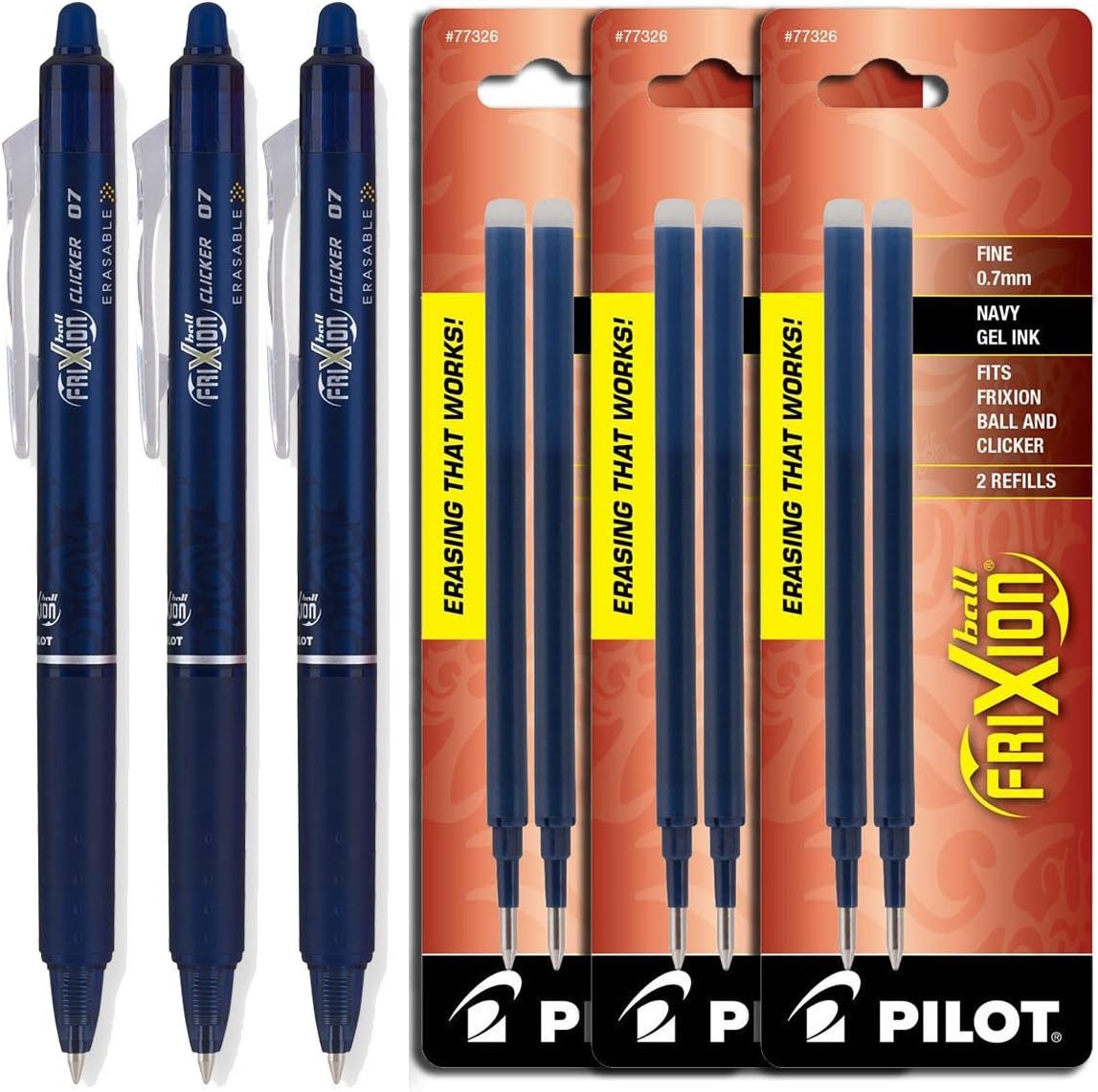 Pilot FriXion Clicker Retractable Gel Ink Pens, Eraseable, Fine Point 0.7mm, Navy Blue Ink, Pack of 3 with Bundle Packs of Refills