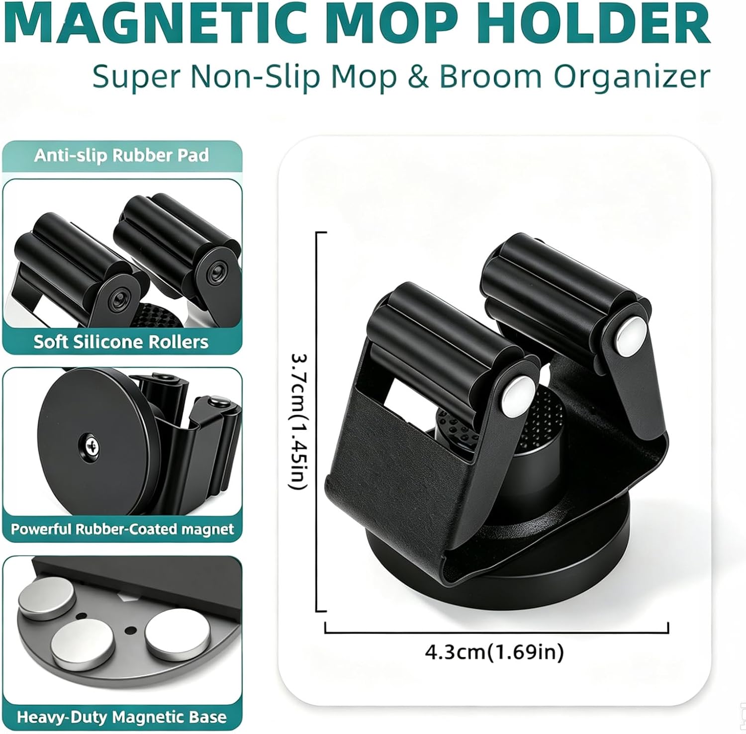 Magnetic Mop Broom Gripper 4Packs,No Drill Non-Scratch Wall Mount Tool Organizer with Anti-Slip Rollers for Garage Kitchen RV Home Laundry Workshop, Anti-Rust Clips