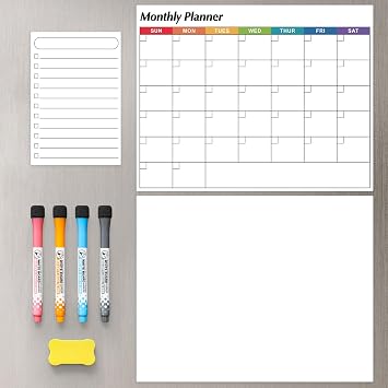 Dry Erase Magnetic Calendar for Refrigerator, 3 Pack- Monthly & Blank & Daily Planner Magnet Whiteboard for Fridge Wall Door - Shopping, Meal/Menu, to Do List, Family Schedule Planning Board B