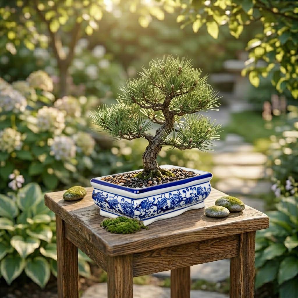 Set of 2 Blue & White Ceramic Bonsai Pots, 7.4" & 4.9" Rectangular Bonsai Planters Pots with Drainage for Outdoor Decor, Small Shallow Bonzie Tree Pot for Succulents, Cacti, Orchids, Herbs Plant Pot