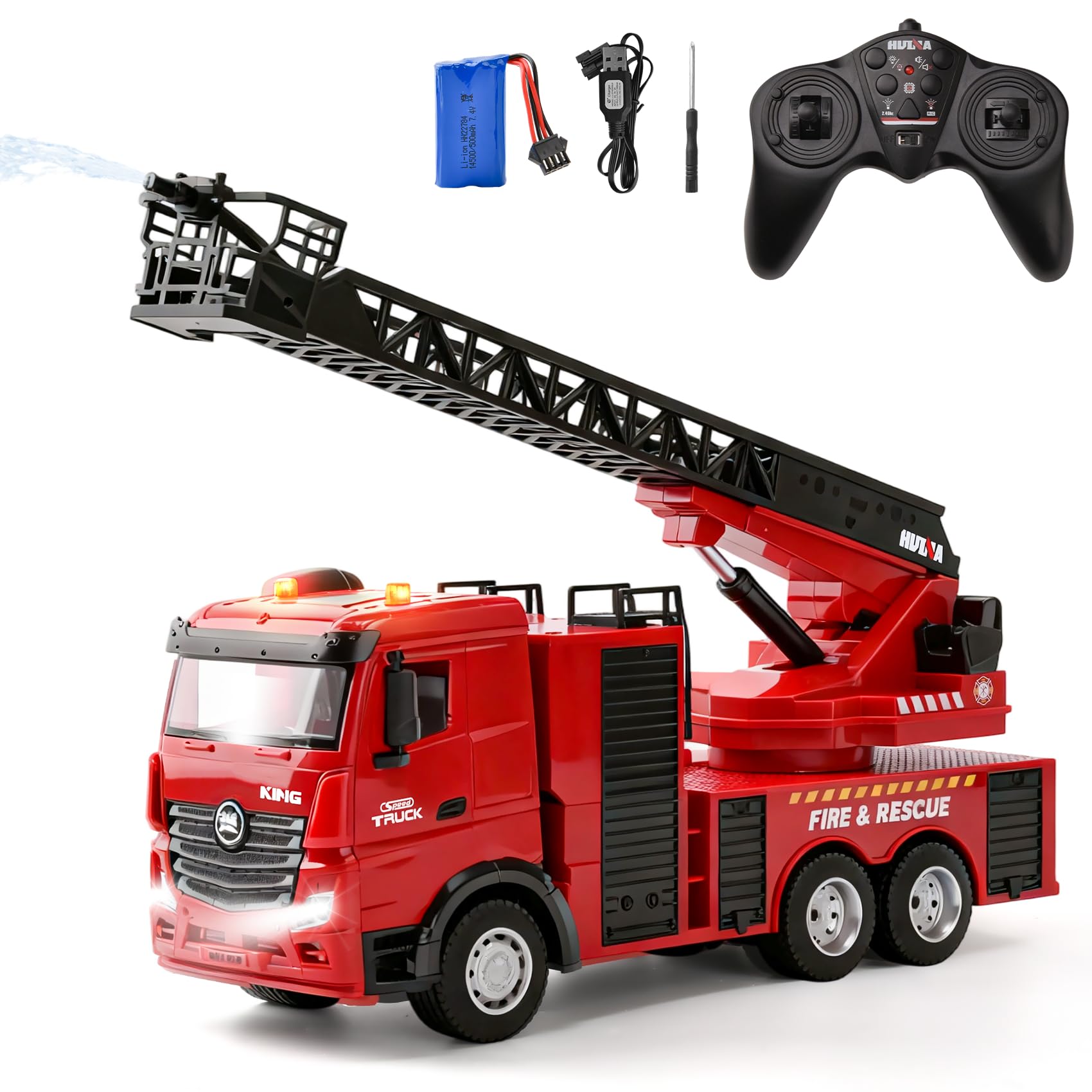 Gran Camión de Bomberos RC 1:18, Camión Bomberos con Escalera Giratoria 270° & Cañón de Agua, 7.4V Recargable, Luces y Sonido, Camiones de Juguete para Niños de 3 a 12 Años