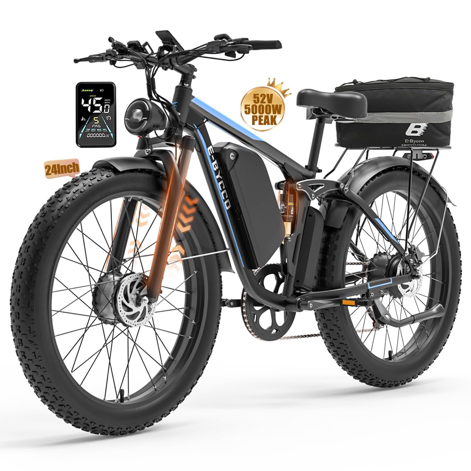 EBycco 5000W Dual Motor Ebike for Adults Electric Bike 52V 32AH, Max 40-45 MPH, 100 Miles Long Range, Full Suspension Hydraulic Disc Brake E-Bikes, 24