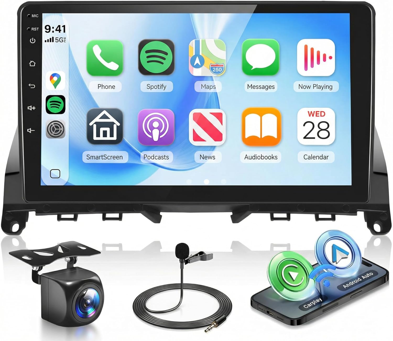 8 Core 6G+128G Android Car Radio for Mercedes Benz C-Class W204 S204 C180/C200/C230/C250/C300/C350 2006-2011, 9" IPS Touchscreen, Wireless CarPlay Android Auto, Backup Camera, Bluetooth GPS WiFi FM