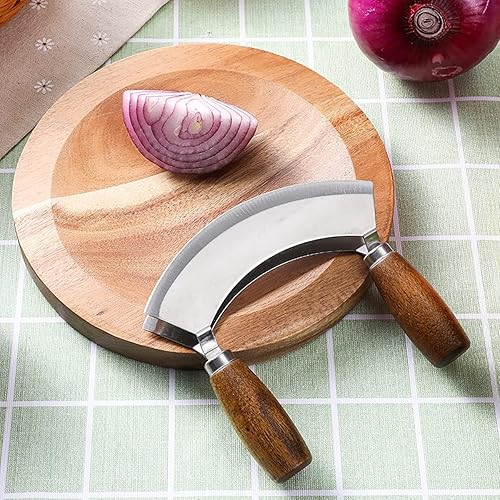 Miniatura 3 de TIYOORTA Picador de ensalada con tabla de cortar redonda de madera  Cuchillo Mezzaluna con cubierta protectora y mango antideslizante de acero