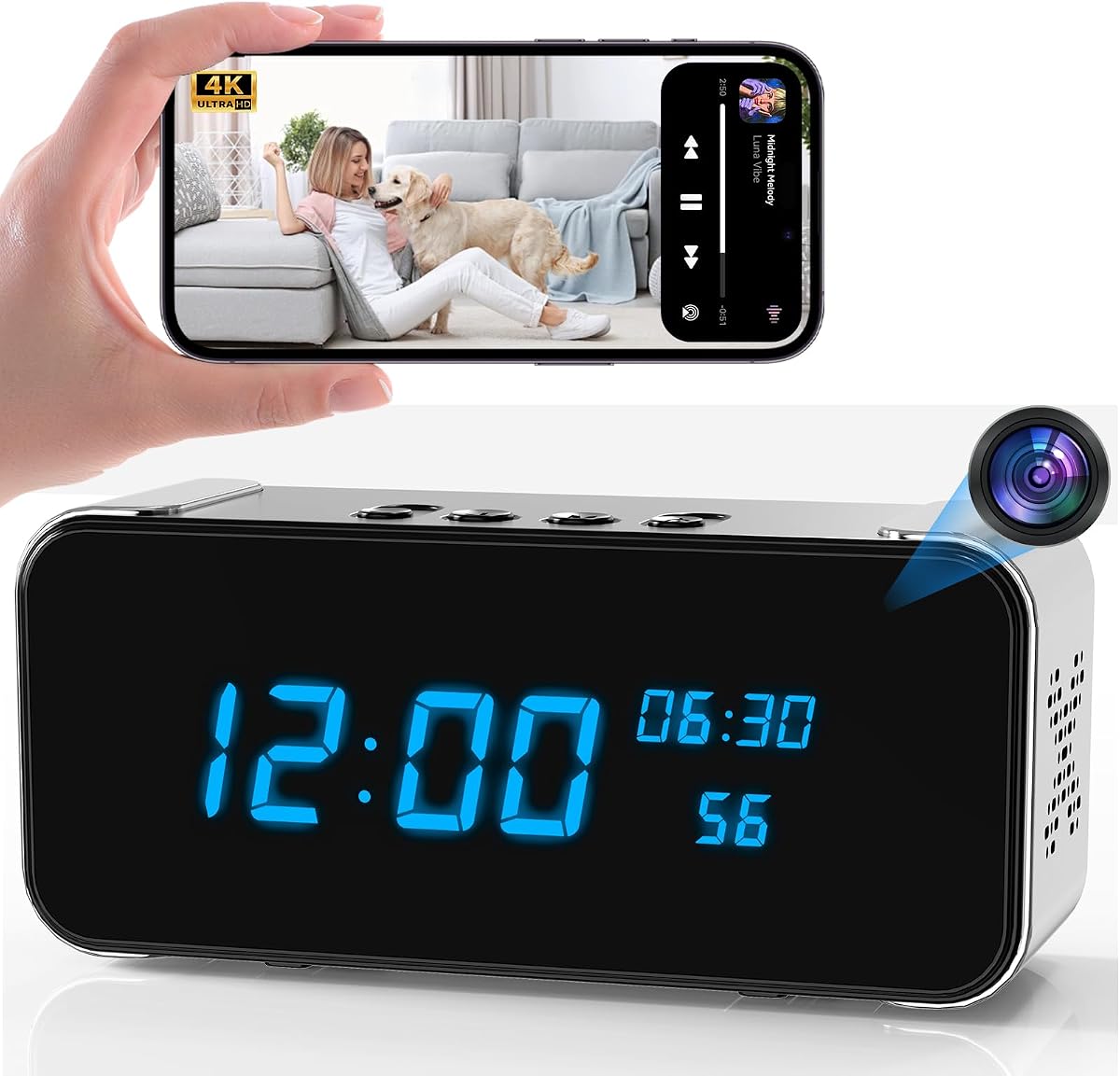 Mini cámara de seguridad inalámbrica 4K HD con visión nocturna y detección de movimiento | Nanny Cam con despertador y altavoz Bluetooth, control de aplicación remota, monitor en tiempo real para el hogar/oficina, compatible con WiFi 2,4G y 5G