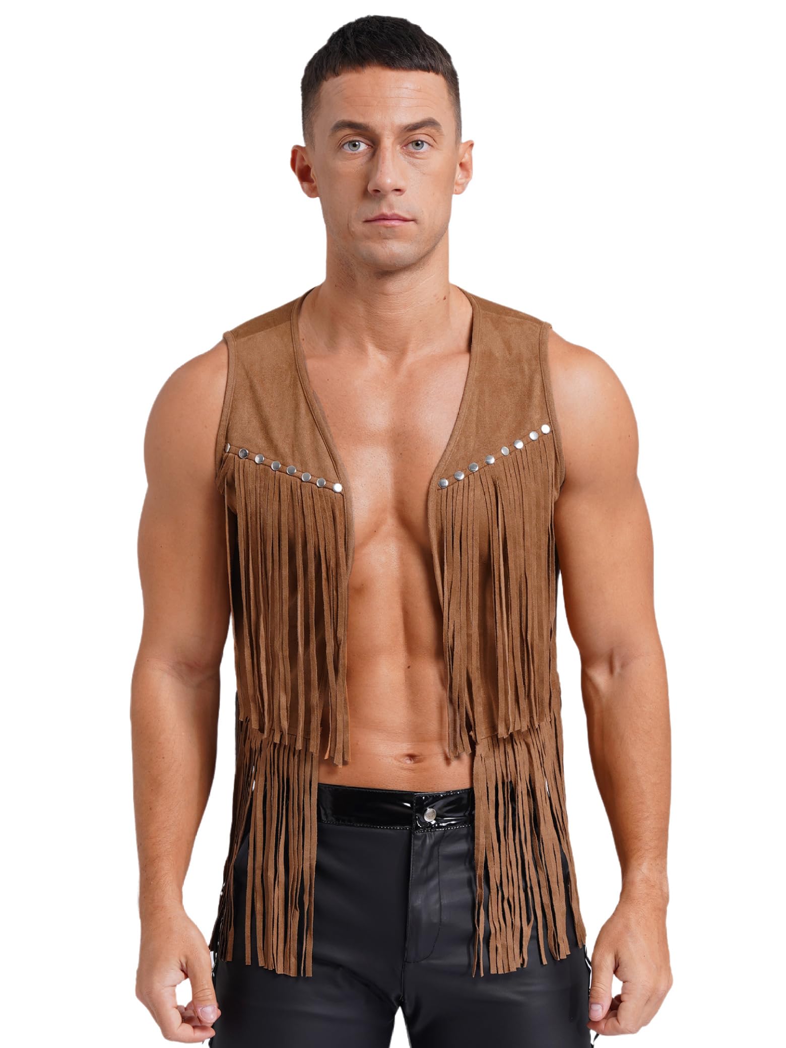 FEESHOW Heren suède vest franjes mouwloos Indianen cowboy vest met franjes retro boho hippie outfit festival carnaval kostuum, zwart, XXL