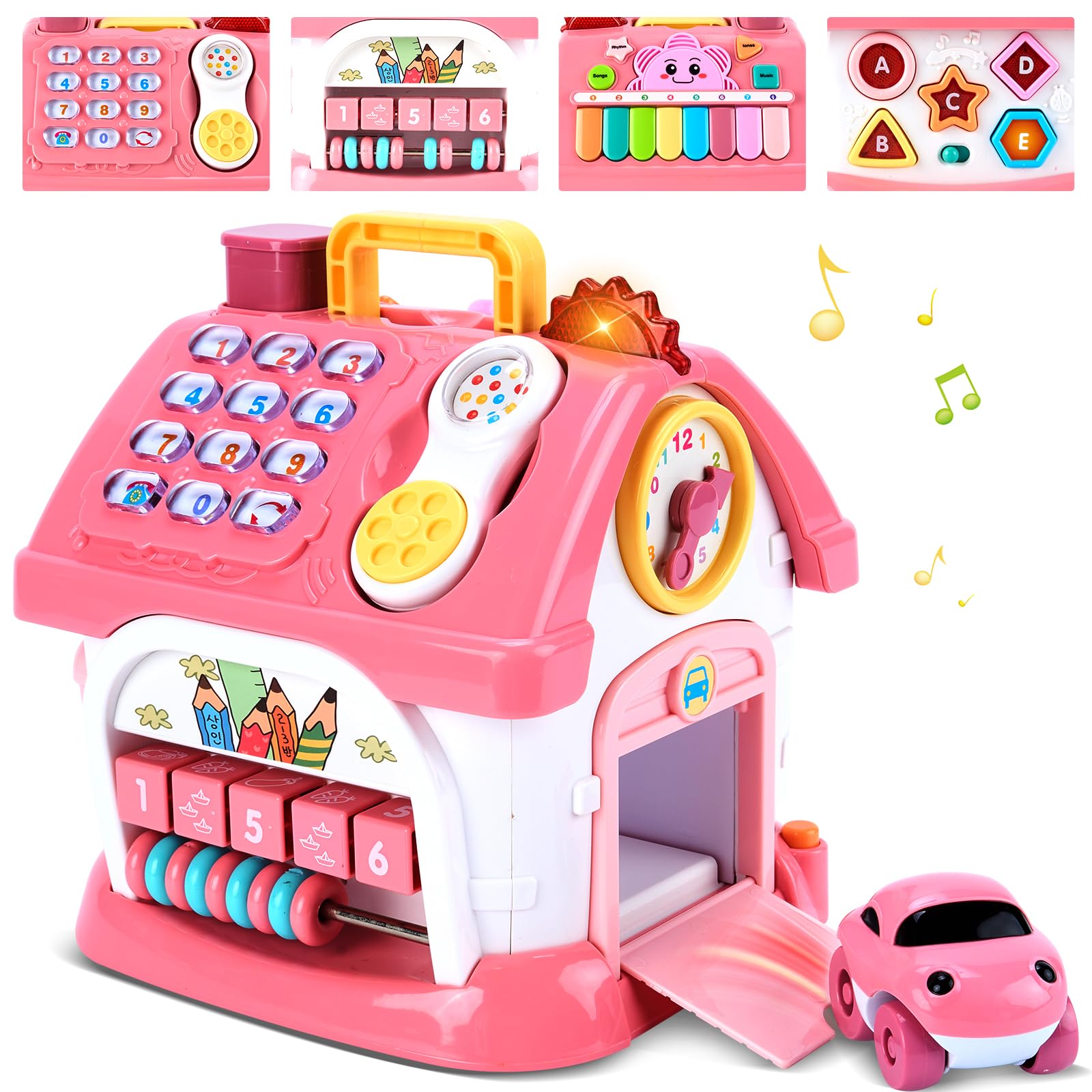 Juguetes Montessori para niñas de 1 año, regalo de cumpleaños para niña de 1 año, casa de aprendizaje musical rosa 8 en 1 con música ligera y sonora, regalos creativos para bebés de 12 a 18