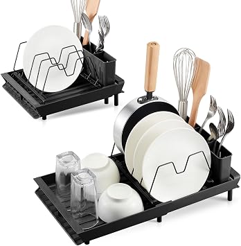 Small Expandable Dish Drying Rack, Adjustable Dish Drainer for Kitchen Counter or in Sink, Stainless Steel Drying Dish Rack, Compact Dish Rack with 3 Slots Utensil HolderBlack