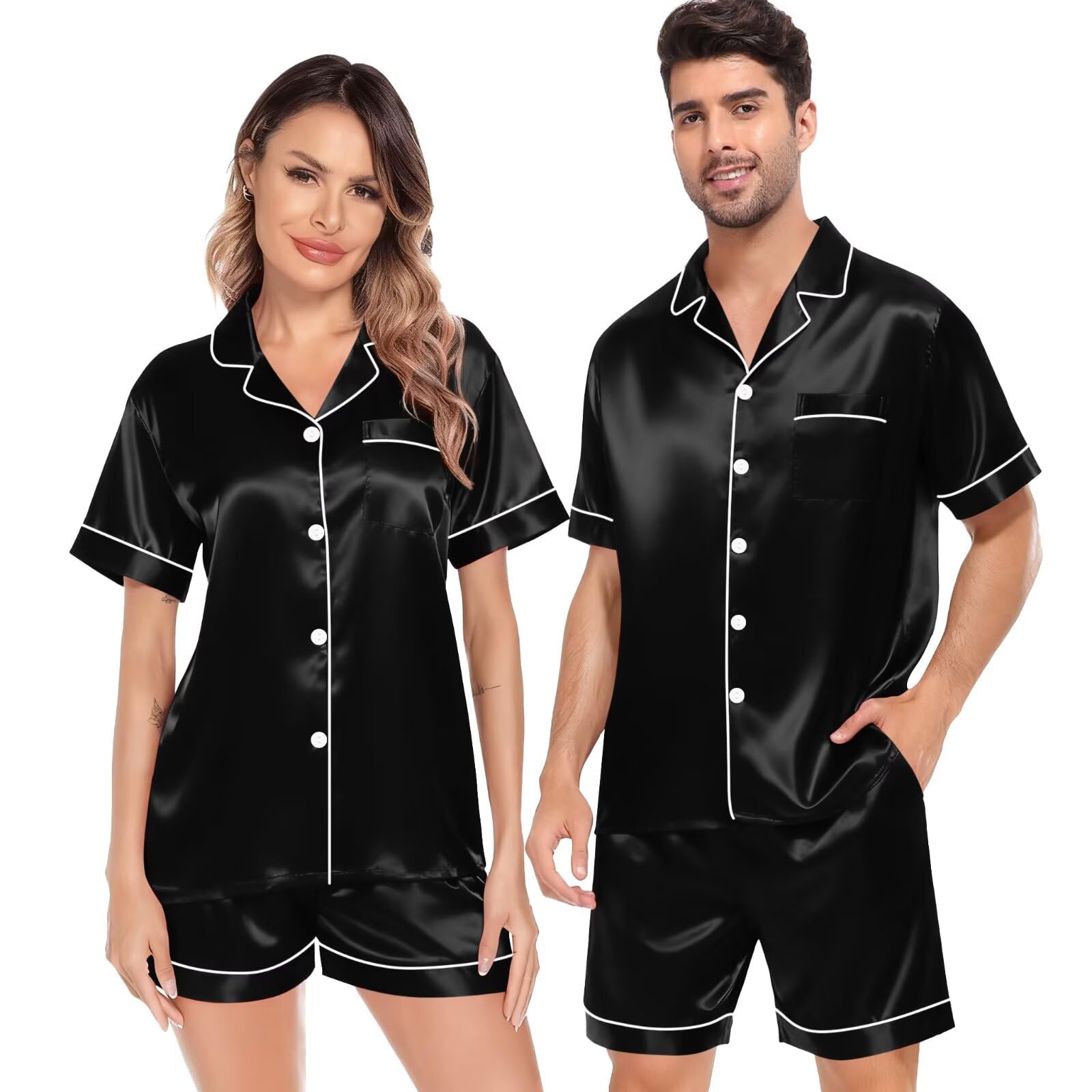 SWOMOG Satin Matching Pajamas Sets Couple Silk Button Down Nightwear Women &amp; Men Short Sleeve Sleepwear 2 Pieces Loungewear