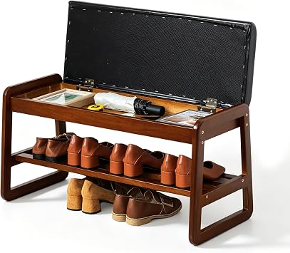 SOBIBO Solid Wood Shoe Bench, 2-Tier Entryway Bench with Cushion and Flip-Open Storage Box, Mid-Century Modern Shoe Bench Rack for Hallway, MudroomBlack, 31.5''