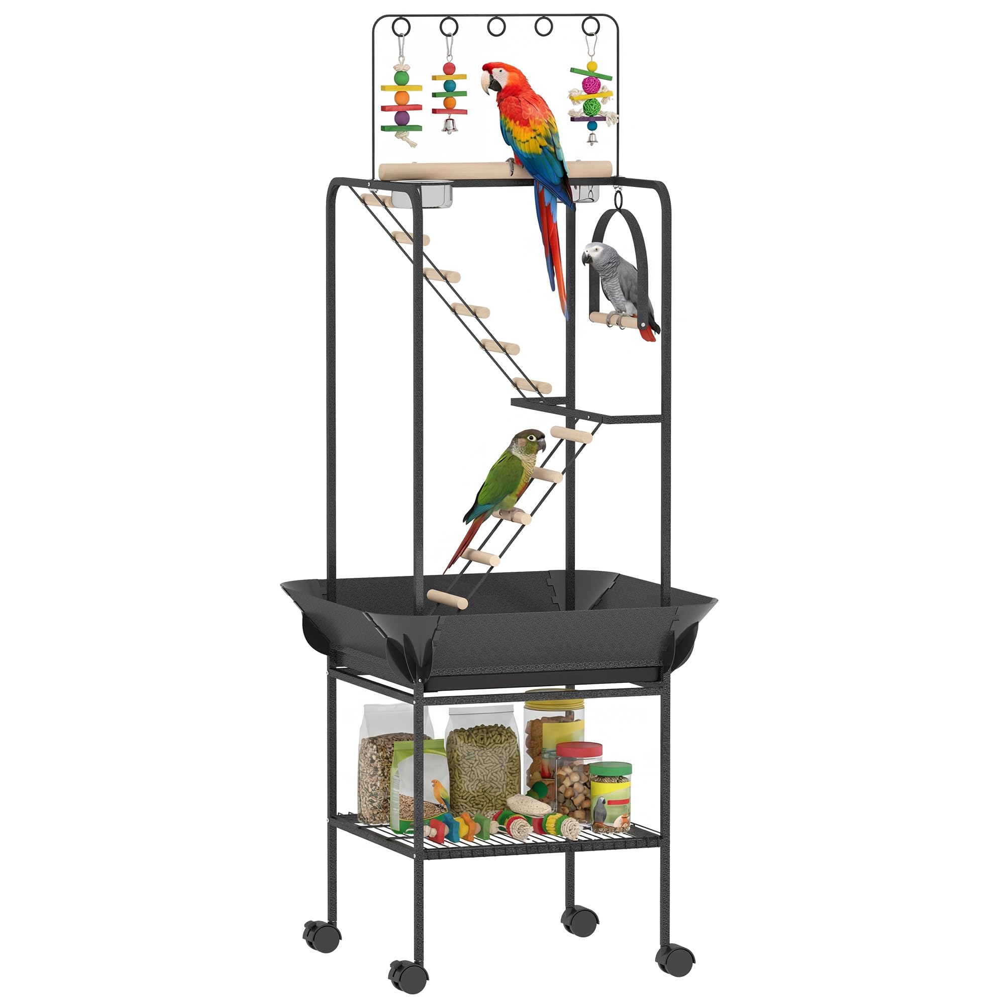 PawHut Parque de Juegos para Pájaros, Soporte para Pájaros con Ruedas, Escaleras, Columpio, Protector de Semillas, Bandeja, Comederos, Perchas, Gancho, Estante, para Periquitos Cacatúas, 63x63x163 cm