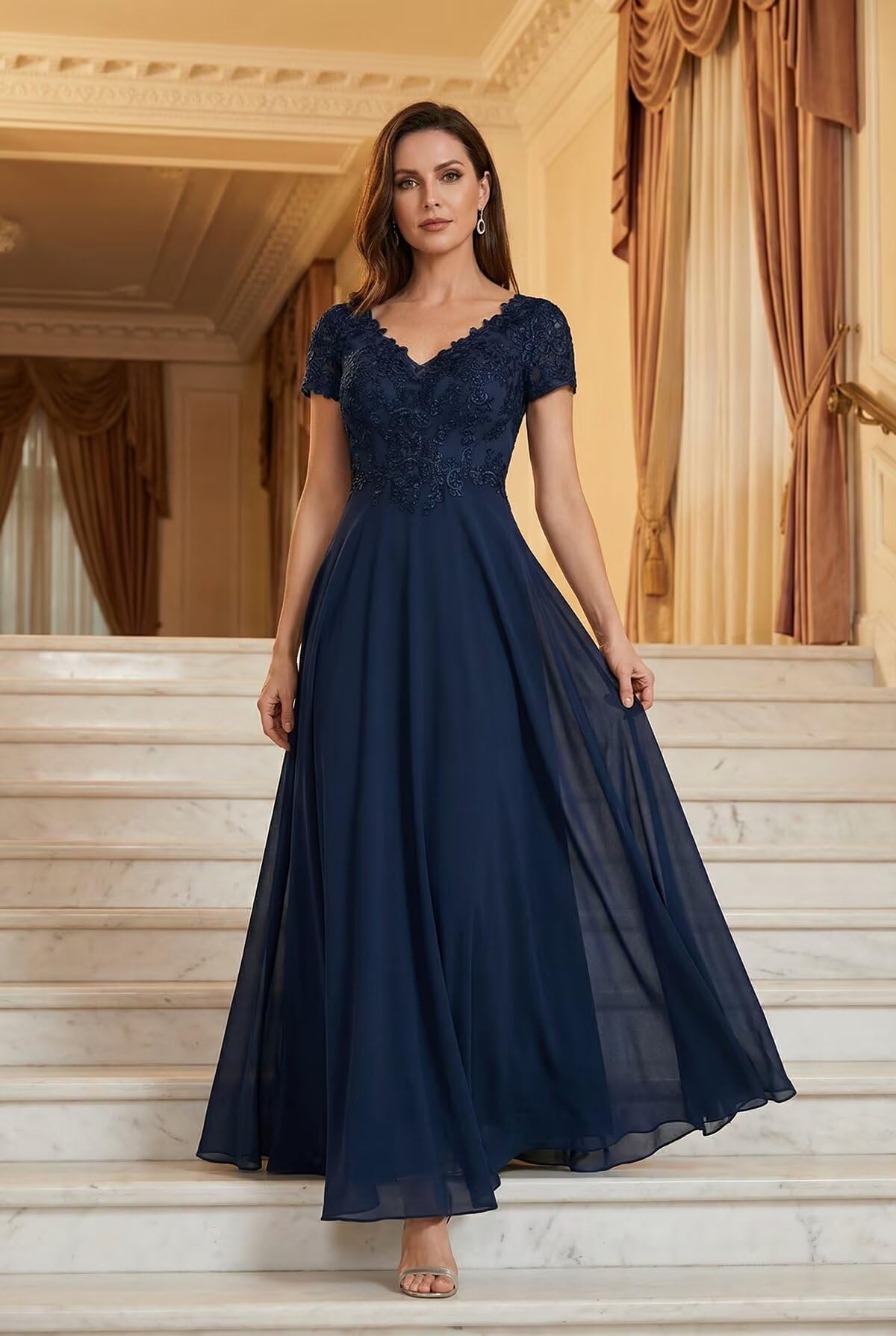 Brautmutterkleider für Hochzeit Elegant – Chiffon V-Ausschnitt A-Linie mit Spitze Lang Abendkleid