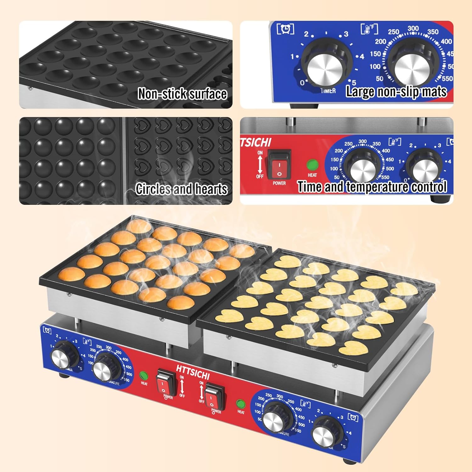 Mini Pancake Maker - 50Pcs Commercial Pancake Maker With Round-Shaped and Heart-Shaped, Mini Pancakes Maker Machine With 2 Thermostats & 2 Timers, Non-stick Electric Pancakes Maker