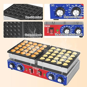 HTTSICHI Mini Pancake Maker - 50Pcs Commercial Pancake Maker With Round-Shaped and Heart-Shaped, Mini Pancakes Machine With 2 Thermostats & 2 Timers, Non-stick Electric Dutch Pancakes Machine