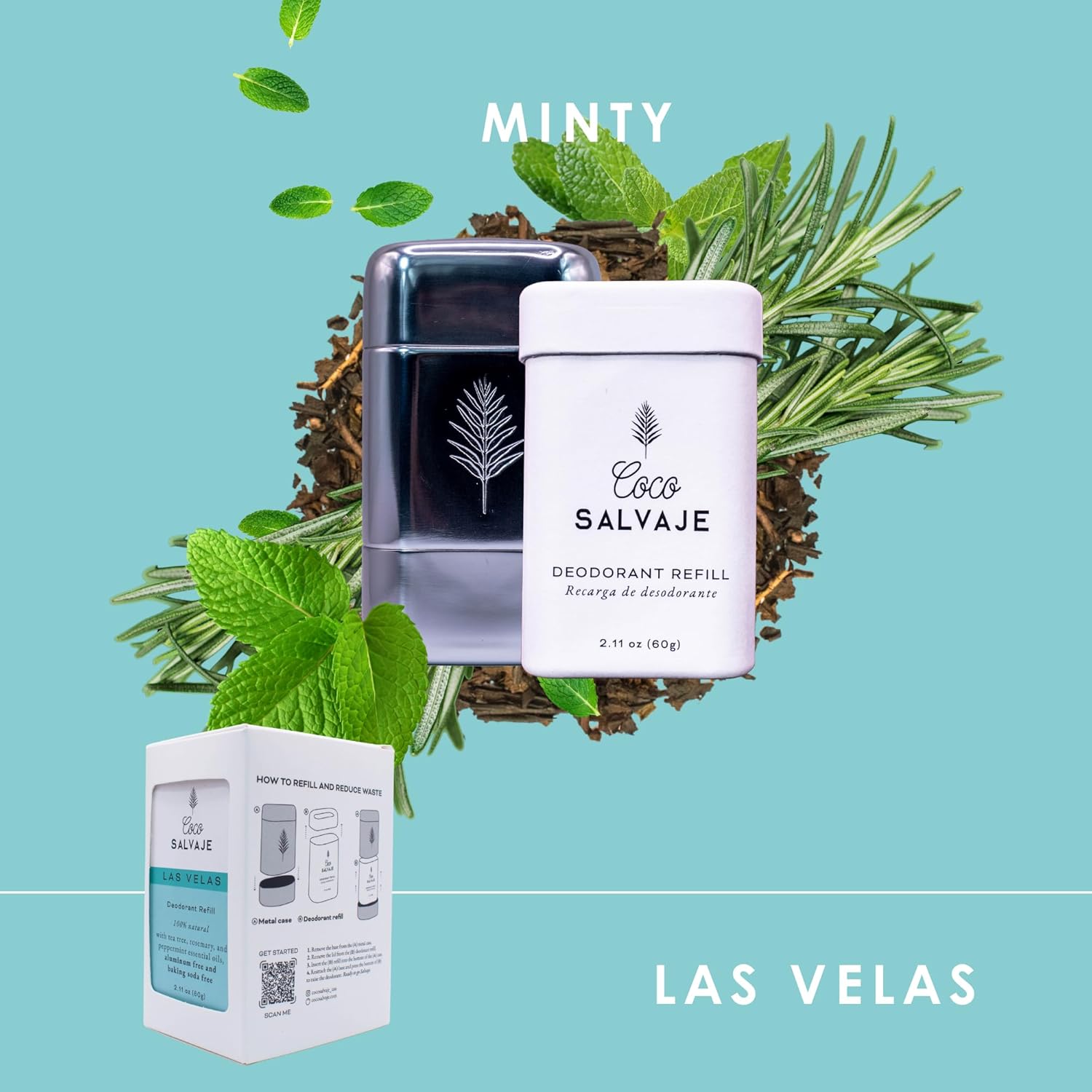 Natural Deodorant Starter Kit for Women & Men | Aluminum Free with Magnesium | Non toxic, Vegan, Hypoallergenic and Pregnancy Safe | 2.11oz Refill & Metal Case (LAS VELAS (Minty)) - Image 2