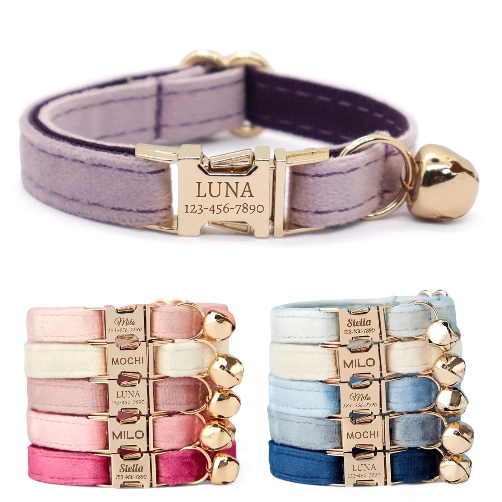 CHRYMPETIC Non-Breakaway Velvet Personalised Cat Collar with Name - Customisable Collar with Bell & Bow Tie Available (Light Purple)