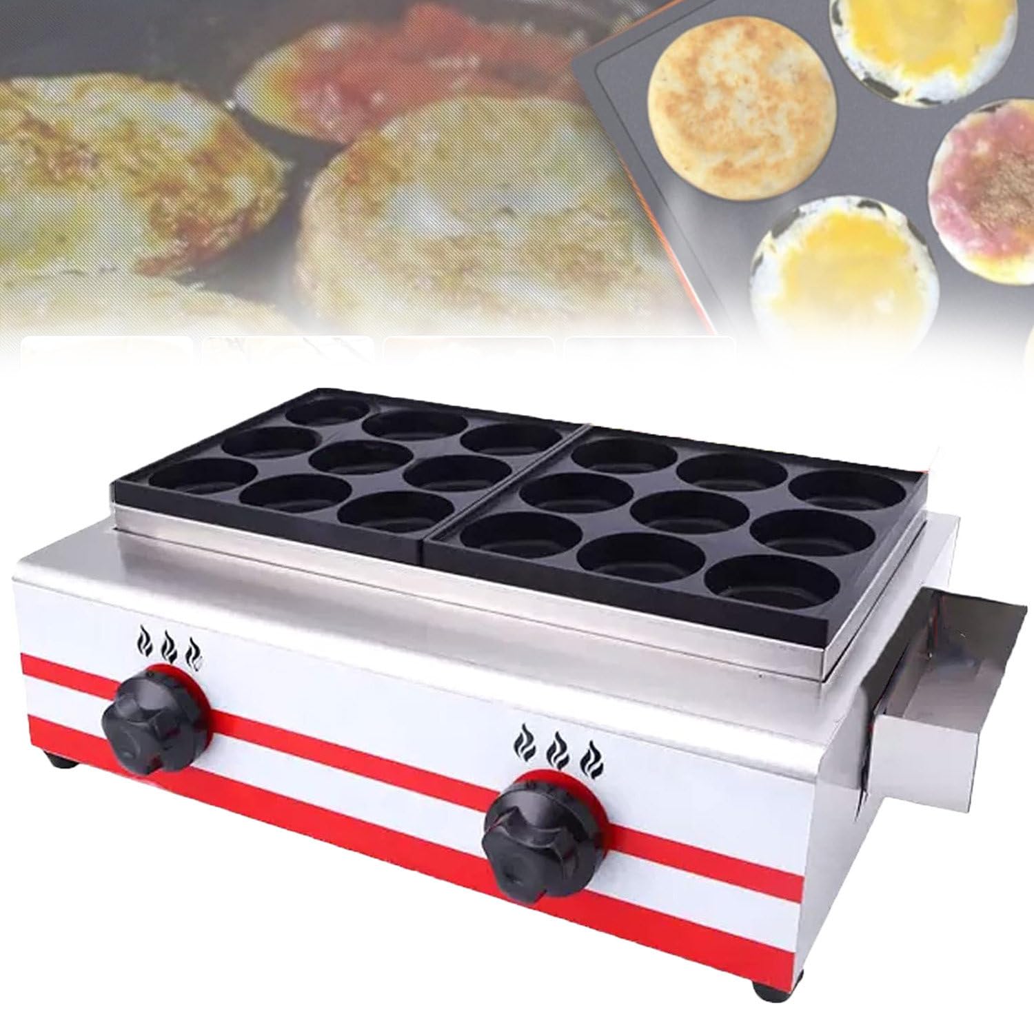 Commercial Gas Heating Burger Machine,Griddle Egg Burger Machine,9/18/34 kong,Individual Knob Control,With Side Seasoned Plate,Fry Eggs Or Fish Balls 18