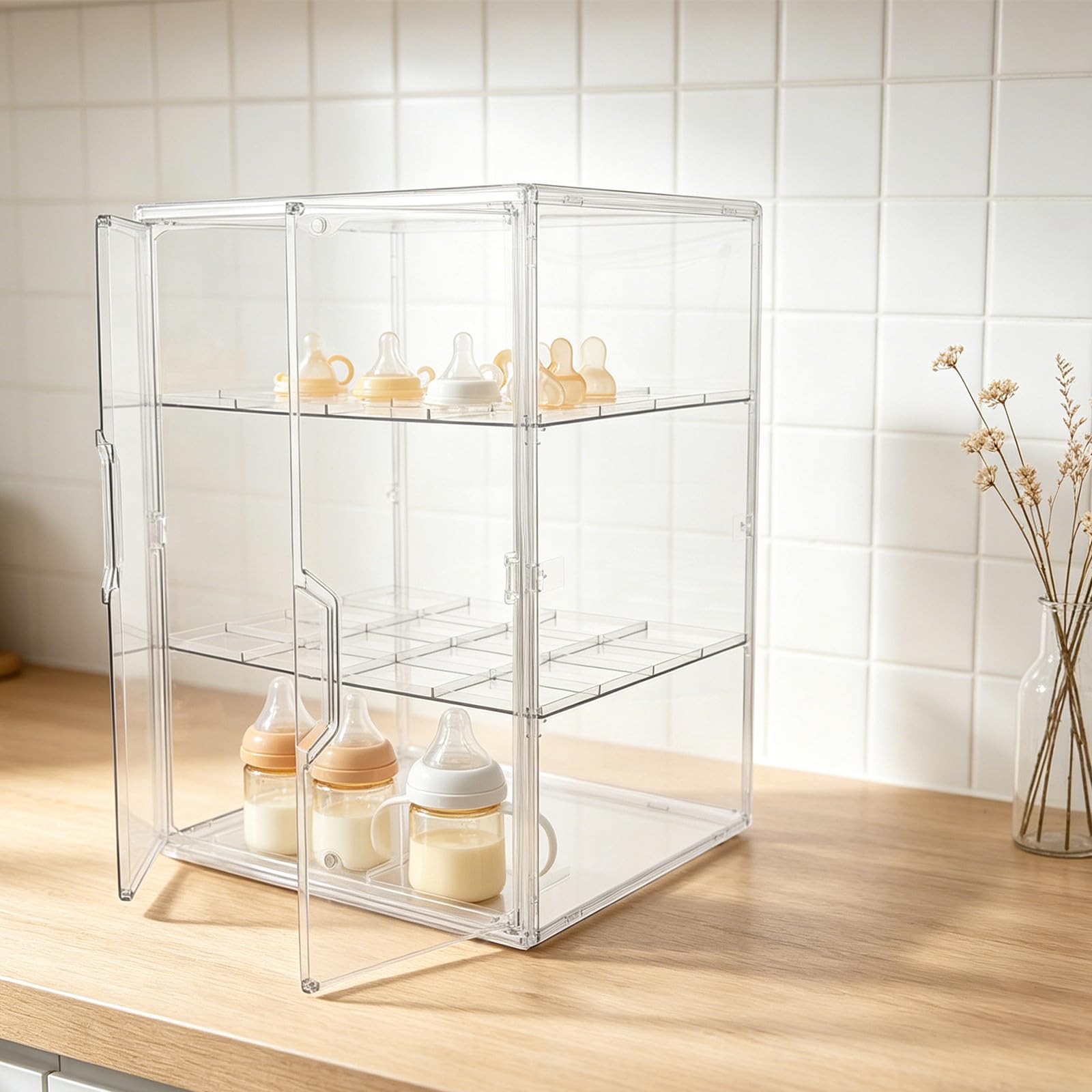 Ciieeo Babyflaschen Aufbewahrungsbox aus Kunststoff mit Flexiblem Aufbau und Abnehmbarem Trenner 4 lagiger Flaschenschrank für Küchenarbeitsplatten und Stillzubehör