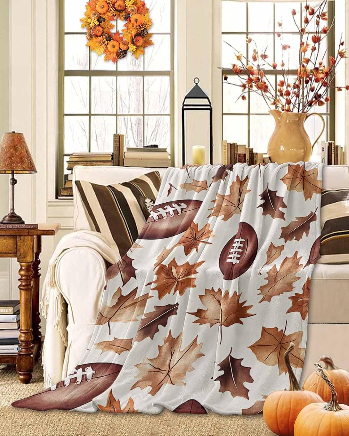 Fall Maple Leaf Rugby Throw Blanket Microfiber Flannel Fleece Blankets,Rustic Leaves American Brown Football Soft Cozy Throws Warm Fuzzy Blanket for Couch Bed Sofa All Season Use,60x80Inch