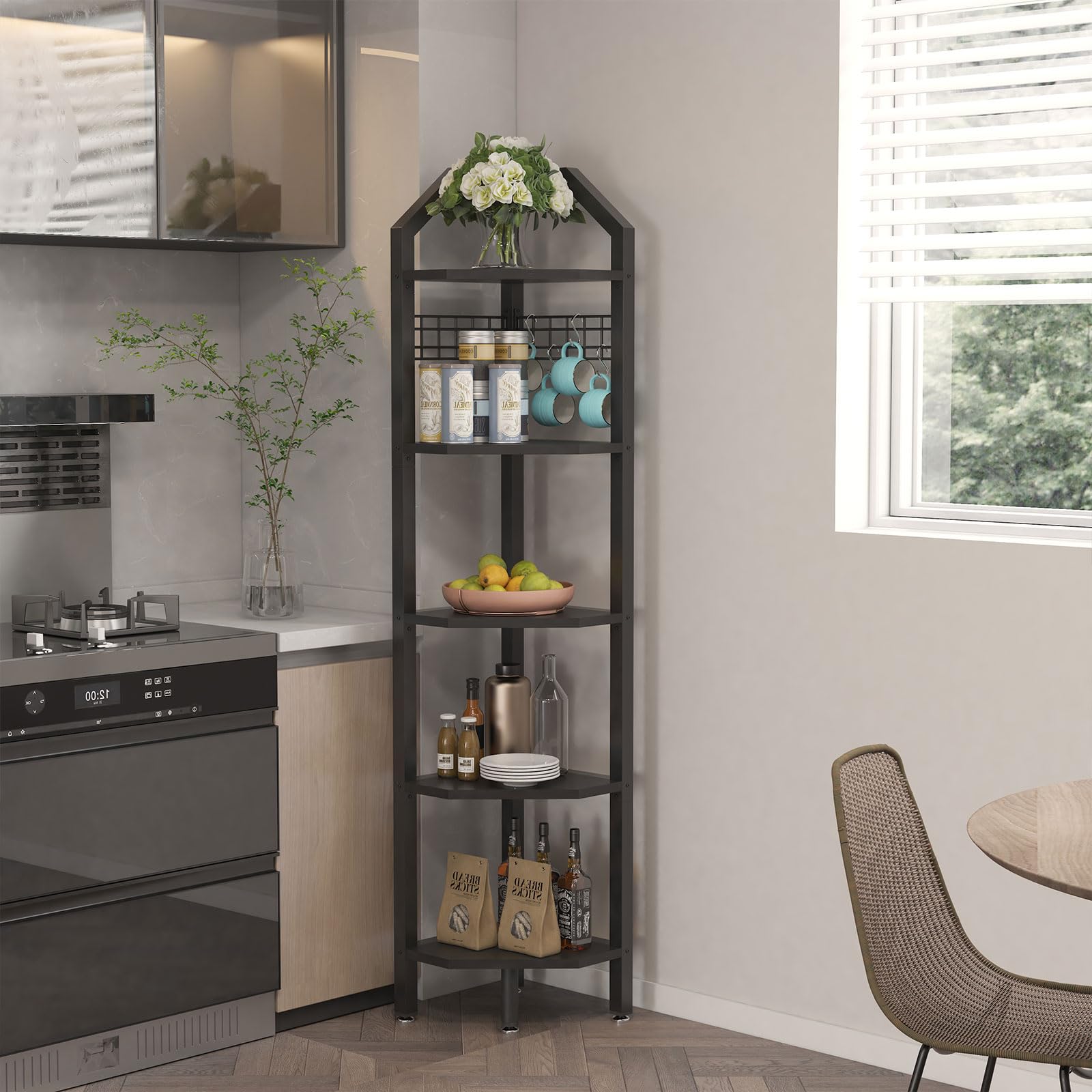 YMYNY Étagère d'angle à 5 Niveaux, Hauteur 176 cm, étagère de Rangement Multi-usages, pour Salon, Salle de Bain, Cuisine, Chambre à Coucher, Bureau, Style Industriel Noir HBR006B