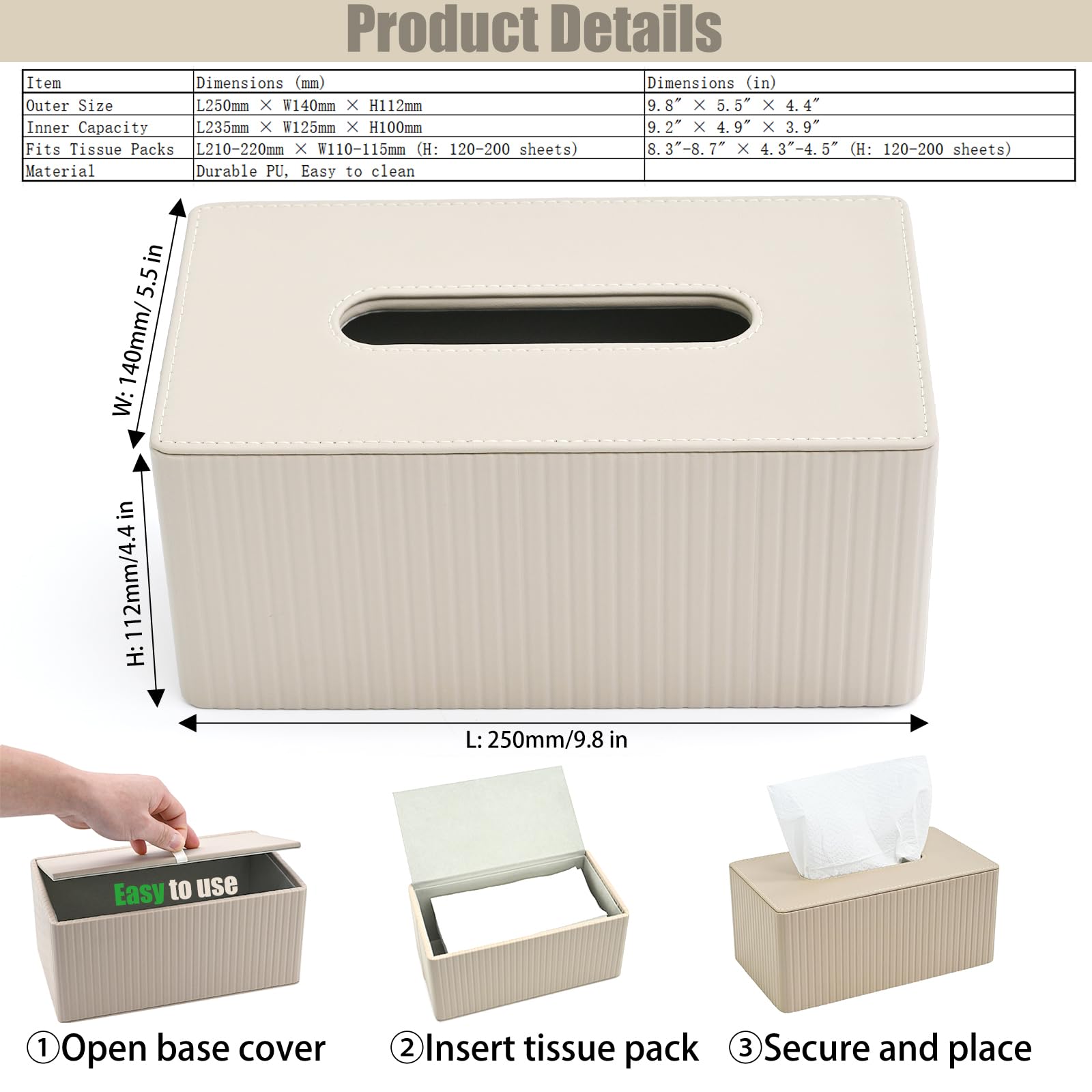 Scatola per fazzoletti in pelle PU, per riporre fazzoletti cosmetici | con chiusura magnetica, beige, decorazione per bagno, soggiorno e ufficio (26 x 15 x 12 cm)