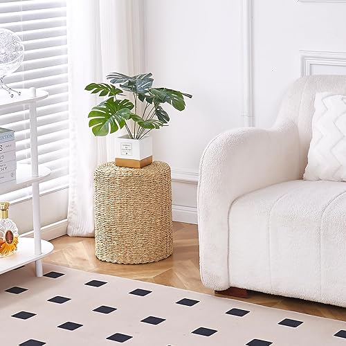 Miniatura 6 de Mxfurhawa Otomano redondo, puf trenzado a mano natural, reposapiés con marco de madera maciza, acento rústico, puf de granja, decoración bohemia o