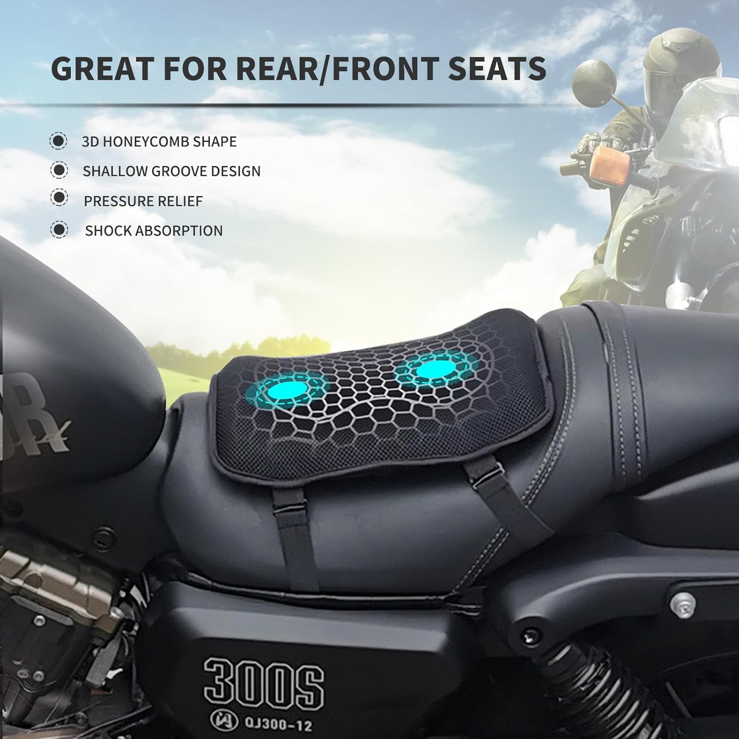 Foldable Passenger Motorcycle Seat Cushion，High Elasticity Gel 3D Honeycomb Comfortable Breathable Shock Absorption for Long Ride Seat Cover (Peanuts Shape)