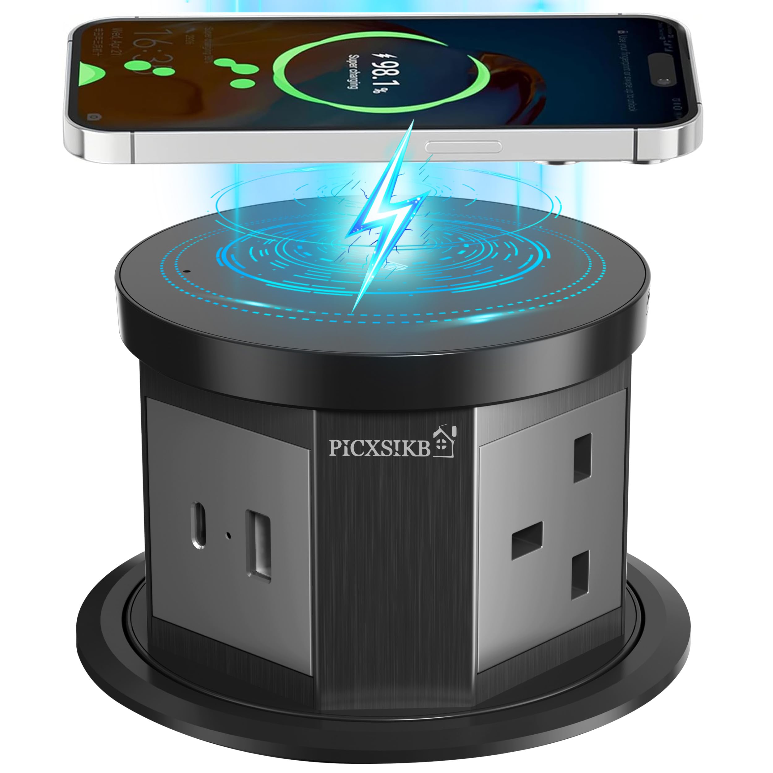 Pop Up Socket for Worktop, 4.33 Inch Automatic Hidden Power Socket with 15W Wireless Charger, 3 AC Sockets, USB-A & USB-C, for Kitchen, Office & Home (Black)