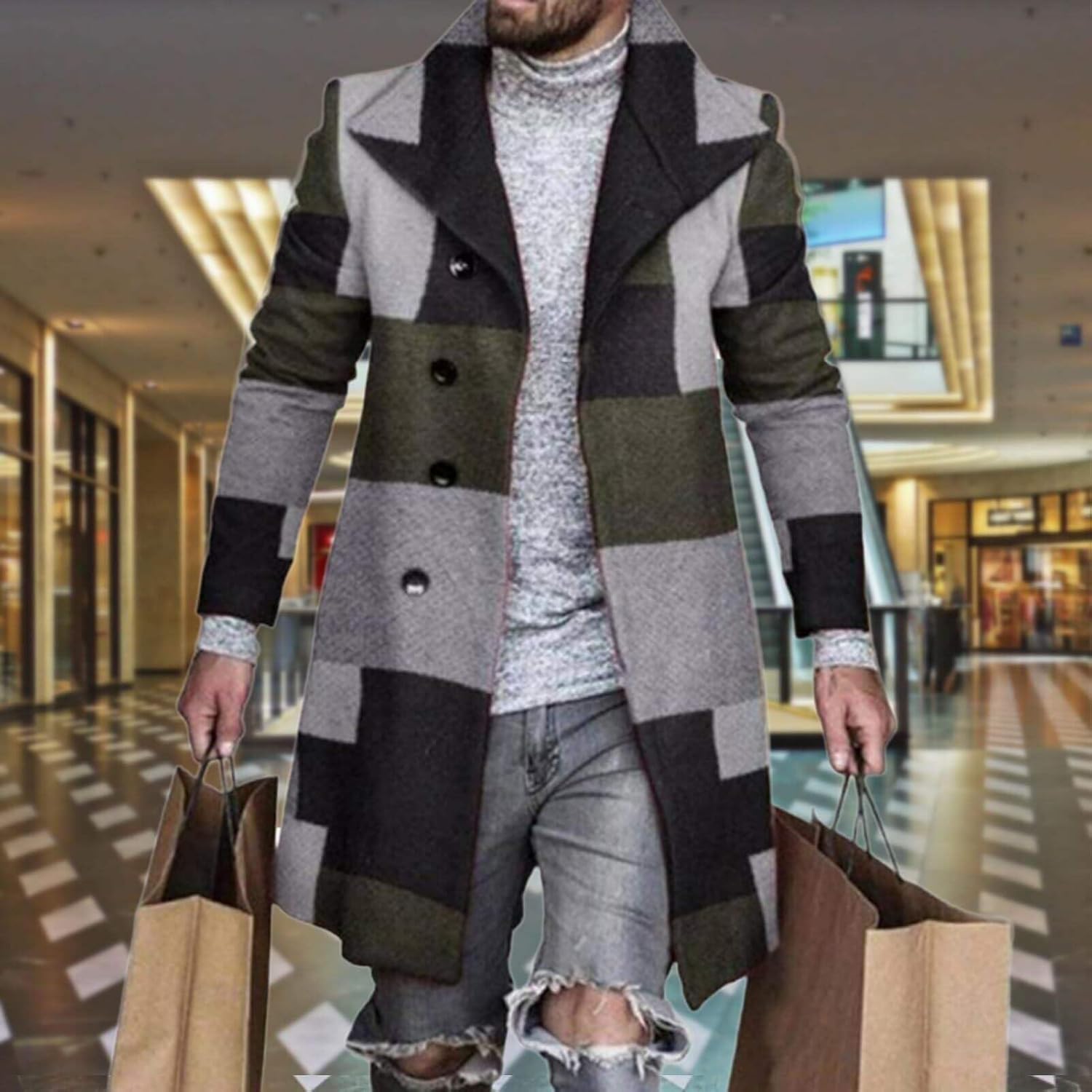 Men's Plaid Long Trench Coat Mid - Length Lapel Collar Button Down Warm Overcoat for Winter & Autumn Fashion - Image 2