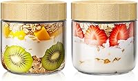 Vista 1 de Paquete de 2 recipientes para avena nocturna de 10 onzas con tapas de bambú, frascos de vidrio con tapas herméticas para preparación de comidas