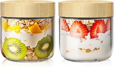 10oz Overnight Oats Containers with Lids, Glass Jars with Bamboo Lids, Glass Meal Prep Jars with Airtight Lids for Yogurt, Salad, Chia, Wide Mouth Mason Jar with Lid for Food Storage - 2 Pack