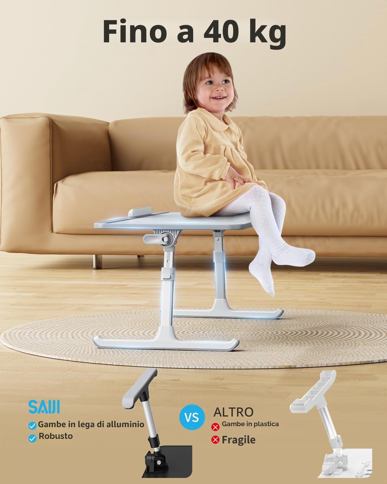 Tavolo da letto, SAIJI Lap Desk, pelle resistente, altezza e angolo di inclinazione, pieghevole, fermo anticaduta, fino a 17in notebook, per letto, divano, tavola (Grigio, 52 * 30cm)