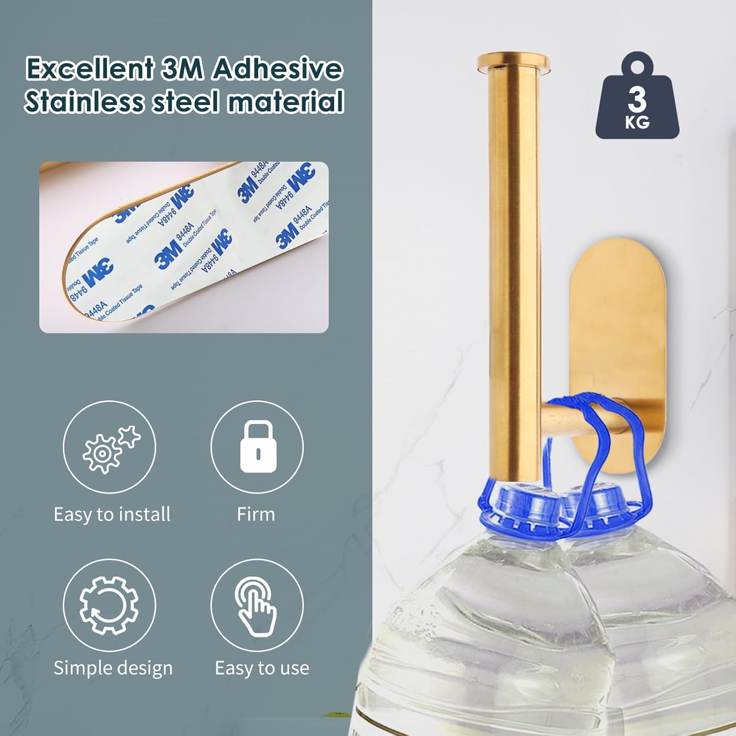 Golden Toilet Paper Holder,with 3M Self Adhesive Wall Mount Towel Holder for Kitchen Bathroom,SUS 304 Stainless Steel No Drilling Toilet Roll Rustproof Rack (2pack-Gold)