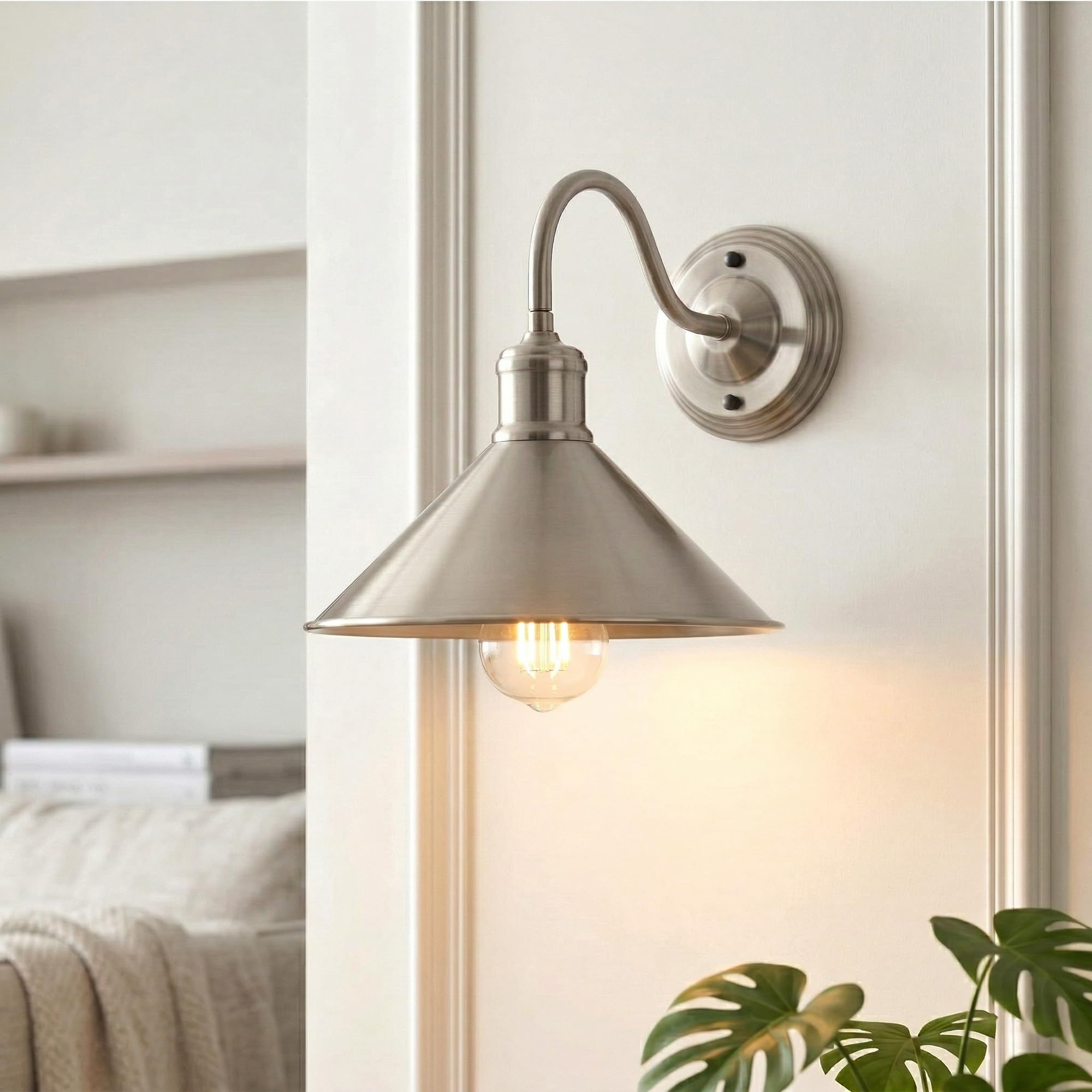 LEDSone Wall Lights 22cm Satin Nickel Metal Cone Rustic E27 Industrial Indoor Lamps Sconce for for Home Décor, Bedroom Bedside, Living Room, Hallway Decorate Fixture