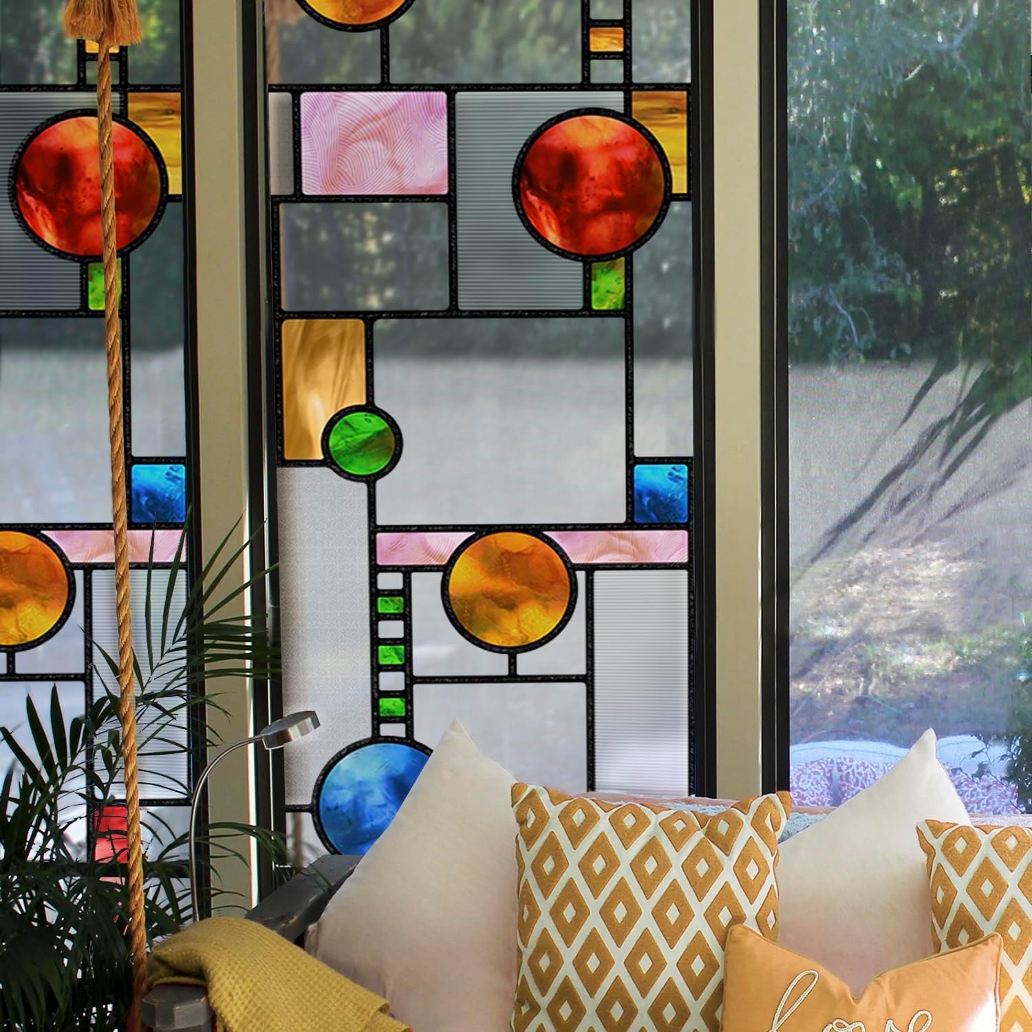 Original Hand Drawn Faux Stained Glass Window Film, Double-Sided Texture Static Film, Vibrant Geometry Patterns Inspired by Avery Coonley Playhouse, See Through 22.83"X114.17"