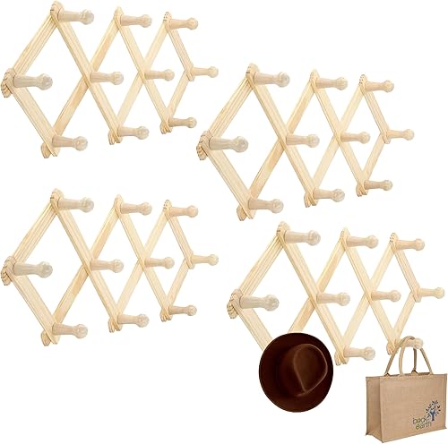 RAM-PRO - Juego de 3 estantes de pared de madera de estilo acordeón expandible para sombrero, gorra, cinturón, paraguas taza de café, joyería,