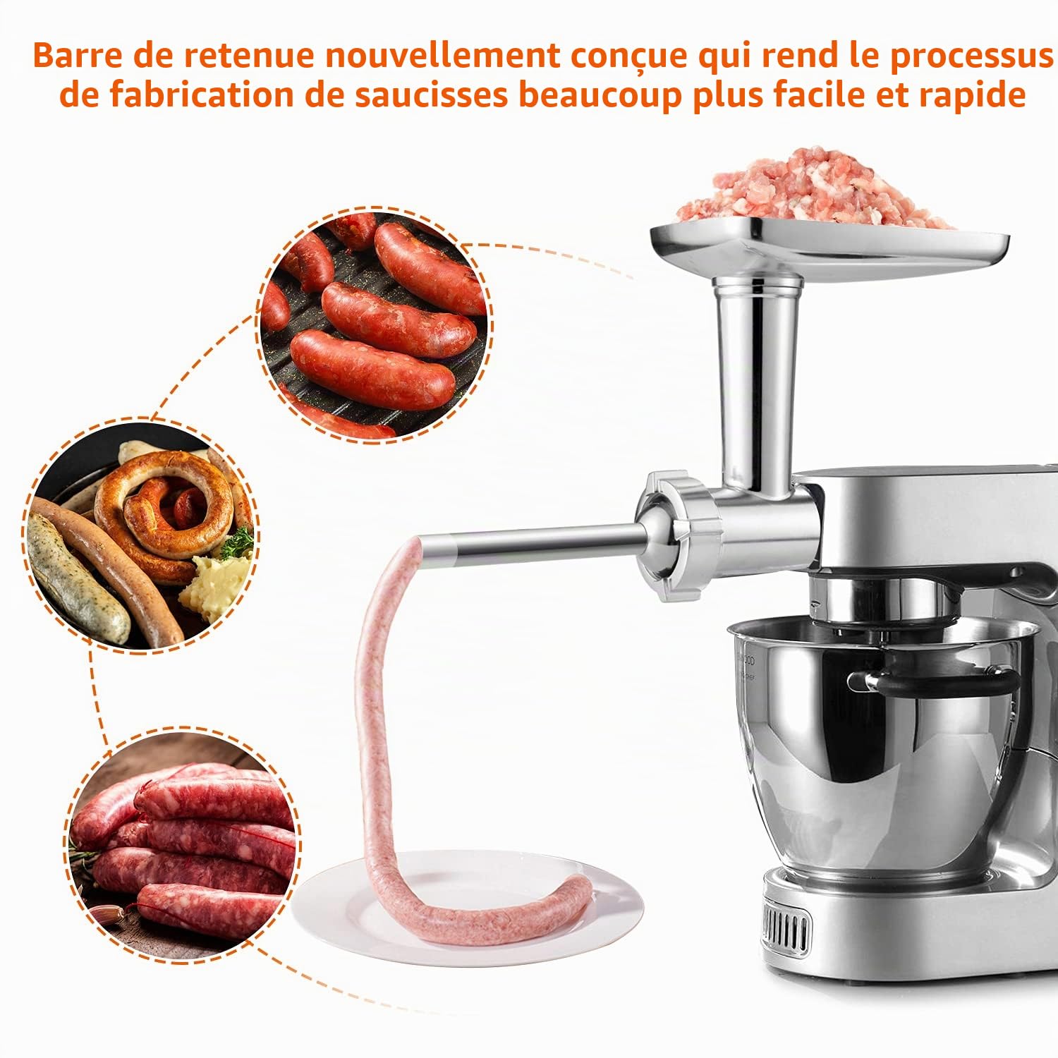 Gdrtwwh Accessoire hachoir à viande compatible avec toutes les machines alimentaires Kenwood Chef et KMix, comprend 2 tubes de remplissage de saucisses, 4 grilles et 1 adaptateur