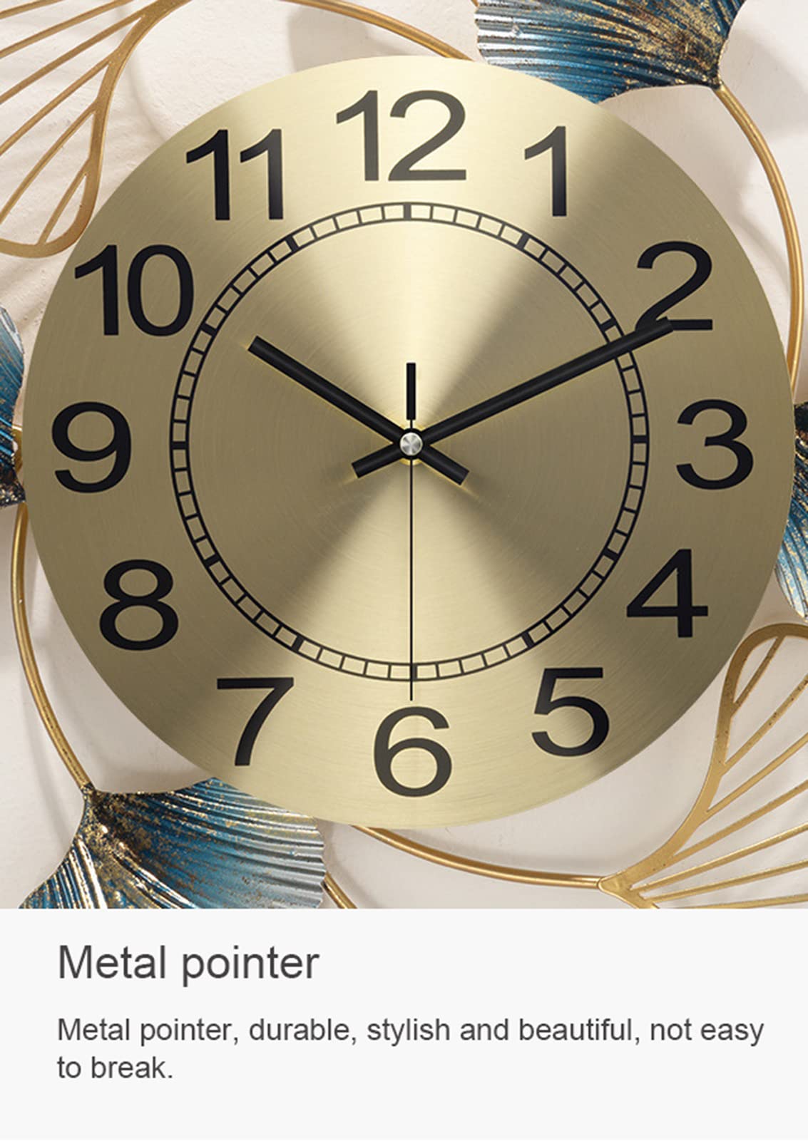 Wall Clock Modern Art Wall Clock Oversized Metal Ginkgo Leaves Wall Clock, Battery Operated Quartz Clock, Natural Art Decoration for Kitchen Dining Room Bedroom Wall Decor Clock, B 99x41cm